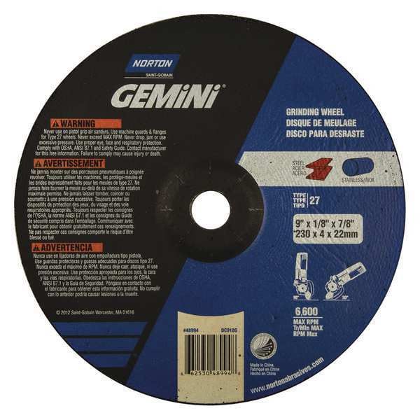 Ruedas Norton Abrasives de Centro Deprimido, Tipo 27, 9 pulgadas de diámetro, 0.125 pulgadas de grosor, tamaño de agujero en el árbol de 7/8 pulgadas, Óxido de Aluminio - 66253048994