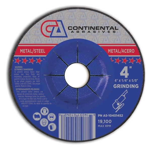 Rueda de esmerilado de centro deprimido Continental Abrasives de 4" x 1/4" x 5/8" - Firma T27 - A5-10401452