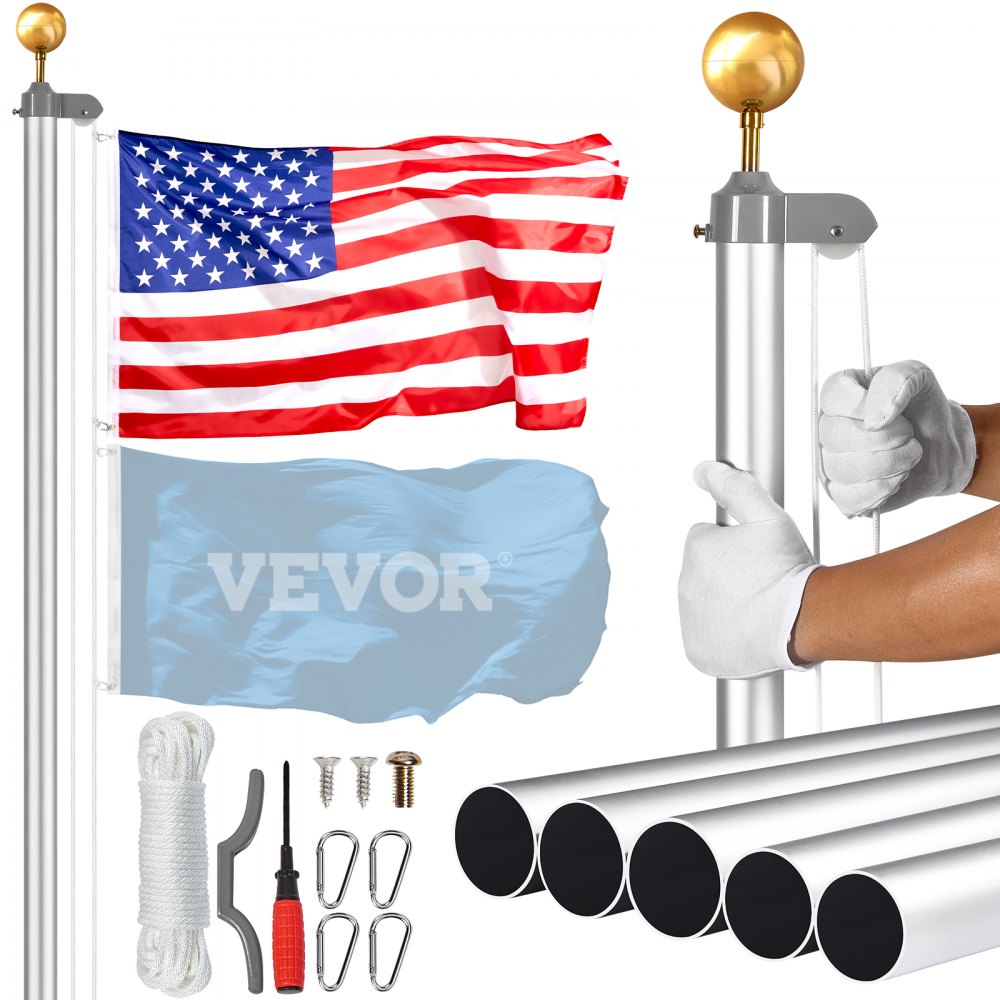 VEVOR 25FT Detachable Flagpole Kit Heavy Duty Aluminum Flag Pole American Silver - QGTJTJSFDYS2ECU4LV0