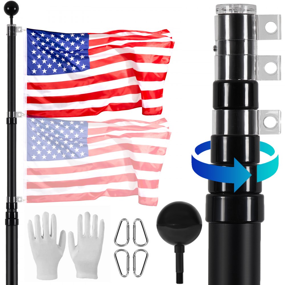 VEVOR 20FT Telescopic Flagpole Kit Heavy Duty Aluminum Flag Pole American Black - QGTJSSSHS20YT7G8NV0