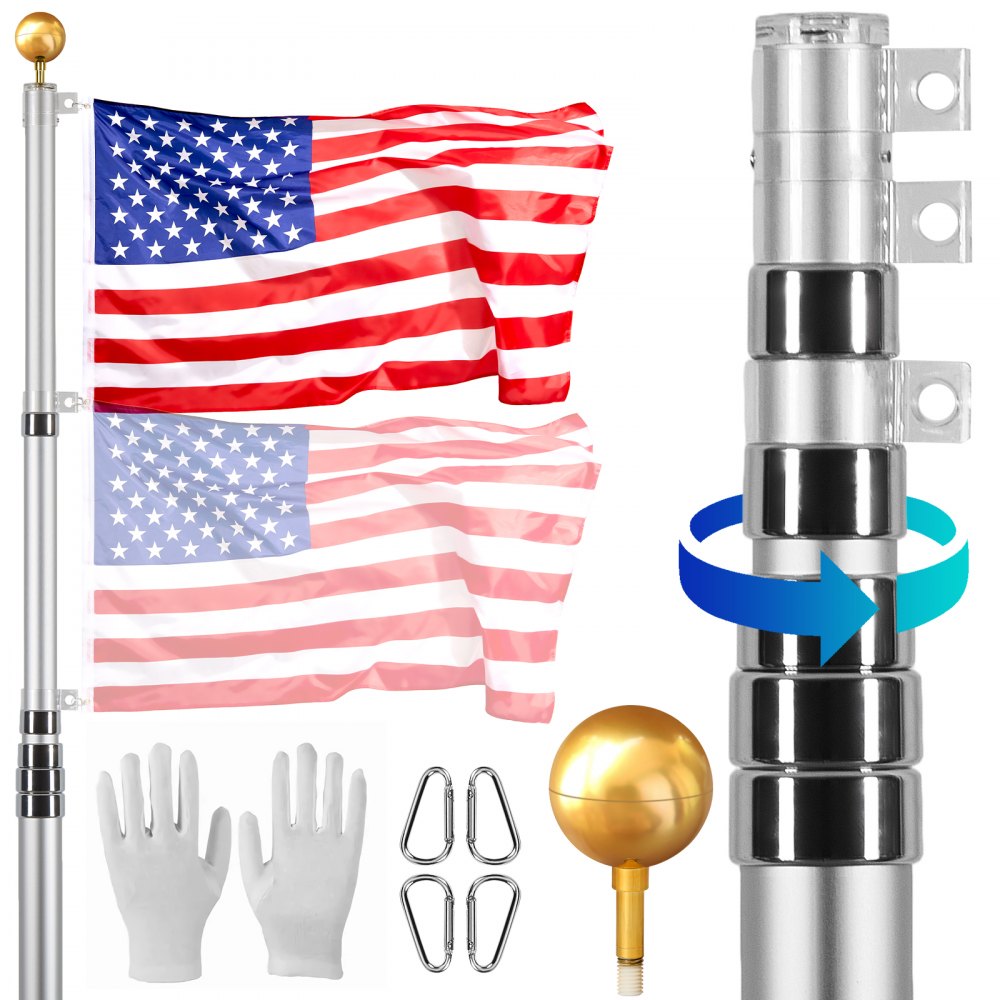 VEVOR 30FT Telescoping Flag pole Kit, Heavy Duty Aluminum Alloy in Ground Flag Poles for Outside, 3 Display Modes Flagpole with 3x5 American Flag, Professional Accessories, Silver - QGTJSSSYS30YEMSRSV0