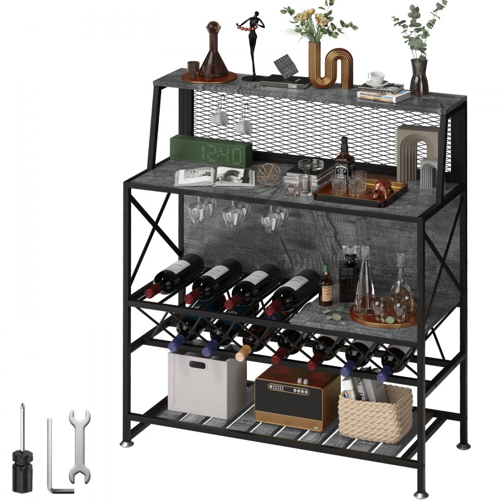 VEVOR Wine Rack Home Bar Table, Industrial Liquor Storage Cabinets with Glass Holder, Bakers Rack Freestanding with Large Capacity for Home Kitchen Dining Room, Hold 12 Bottles of Wine (Gray) - TXBTCWZTMCHSBK80NV0
