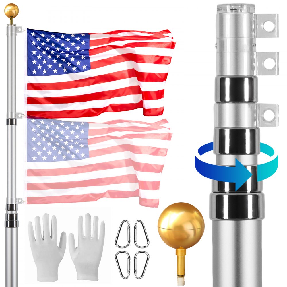 VEVOR 25FT Telescoping Flag pole Kit, Heavy Duty Aluminum Alloy in Ground Flag Poles for Outside, 3 Display Modes Flagpole with 3x5 American Flag, Professional Accessories, Silver - QGTJSSSYS25YOFEYQV0