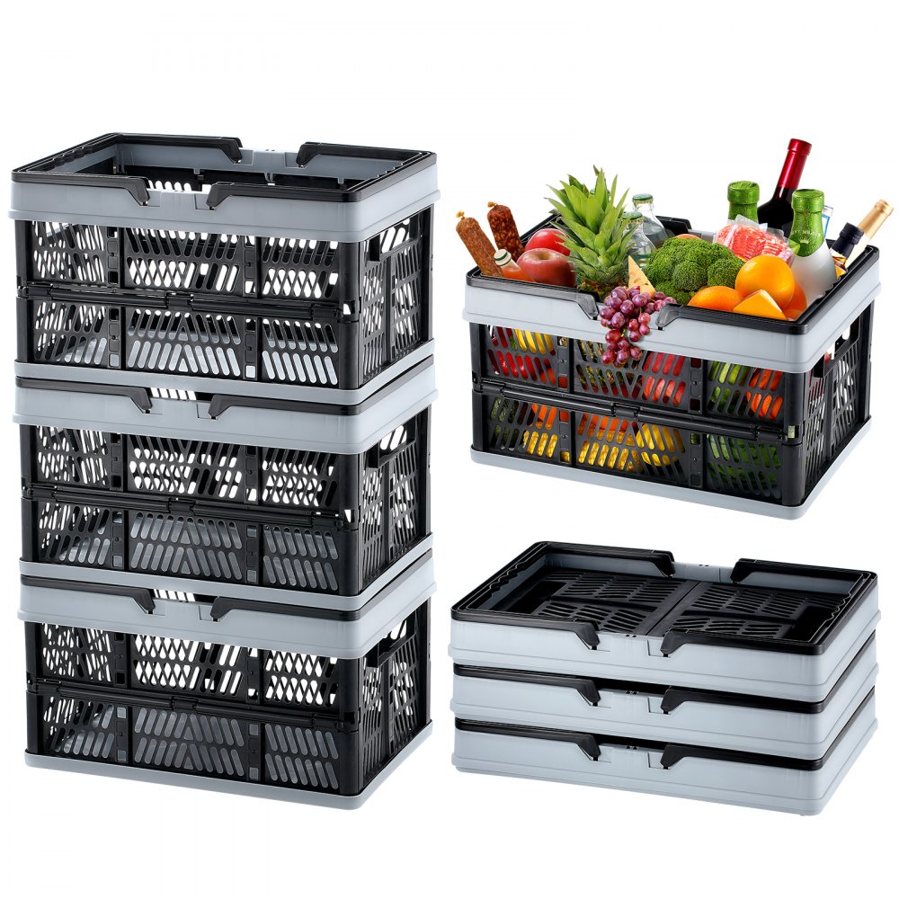 VEVOR Collapsible Shopping Basket, 3 Pack, 25L Plastic Foldable Storage Crate with Handle, Grocery Fruit Vegetable Shopping Basket Folding Storage Container for Supermarket Retail Shopping, Black - KZDSBSGWLKZDICFMCV0