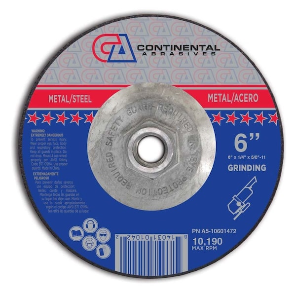 Abrasivos Continental Rueda de rectificación de centro deprimido con firma T27 de 6" x 1/4" x 5/8-11" - A5-10601472