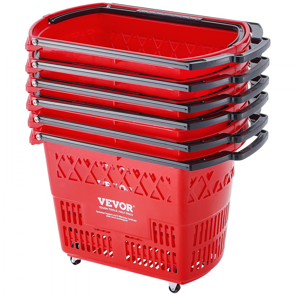VEVOR Plastic Rolling Shopping Trolley Basket On Wheels 6PCS 39L with Handle Red - GXLGSGWLGXLG01IDOV0