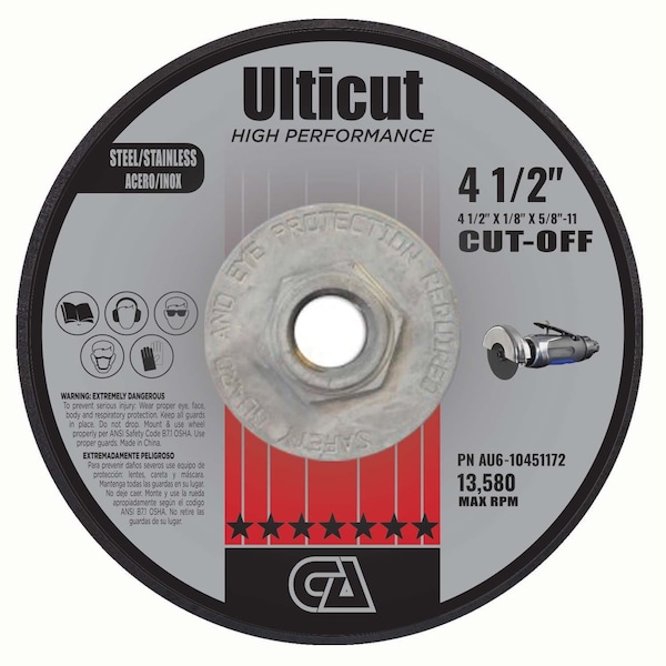 Abrasivos Continentales Rueda para corte, rectificado y ranurado con centro deprimido Ulticut T27 de 4-1/2" x 1/8" x 5/8-11" - AU6-10451172