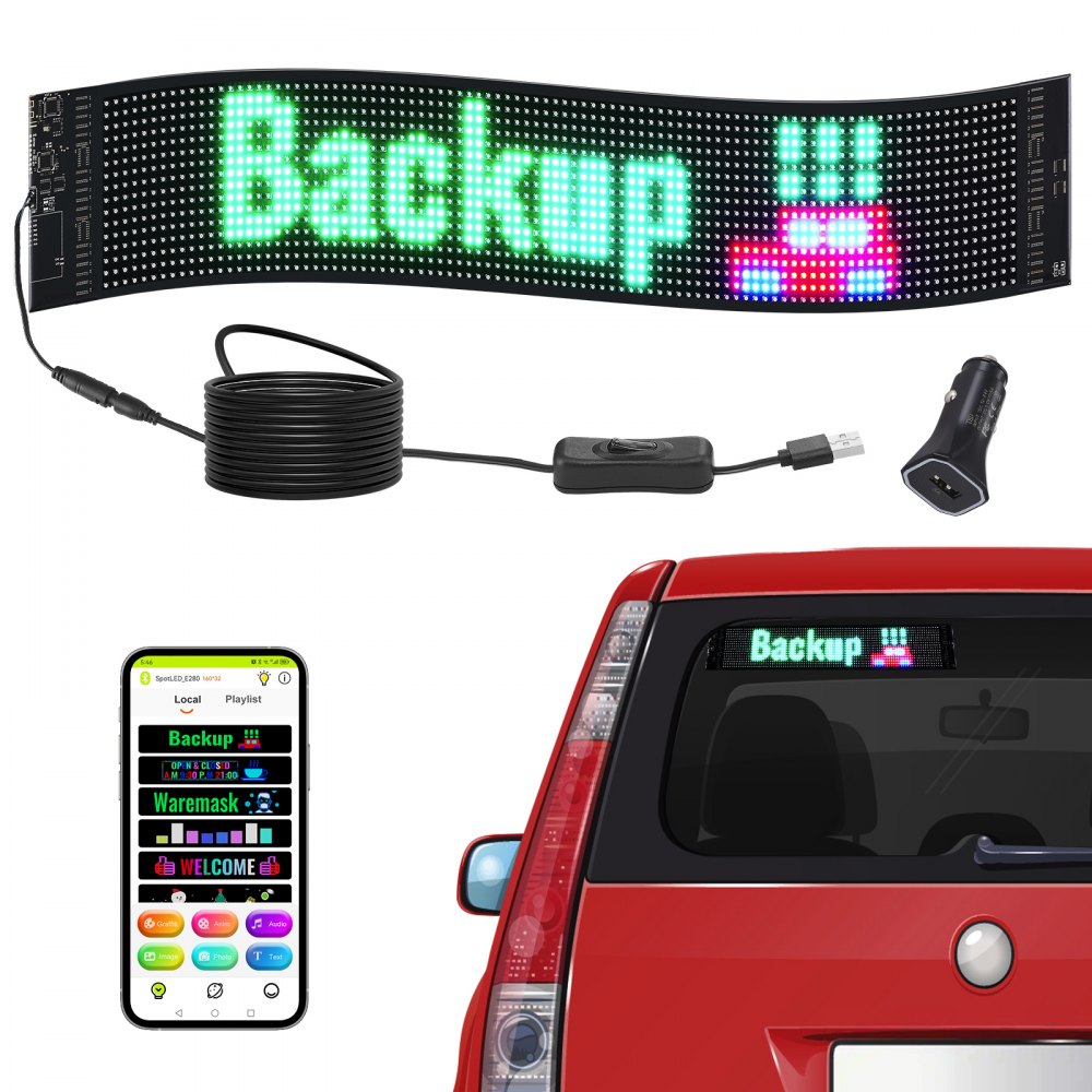 VEVOR Programmable LED Sign, P6 Full Color LED Scrolling Panel, DIY Custom Text Animation Pattern Display Board, Bluetooth APP Control Message Shop Sign for Store Business Car Advertising, 27"x5" - RXGDBZP27X5IHAZHIV9