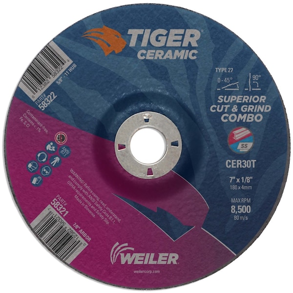 Rueda combinada de corte/desbaste tipo 27 Weiler 7 x 1/8 TIGER CERAMIC CER30T 7/8 A.H. - 58321