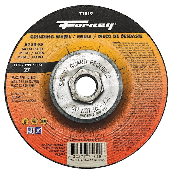Rueda de rectificado Forney, metal, Tipo 27, 4-1/2 pulgadas x 1/4 pulgadas x 5/8-11 pulgadas - 71819