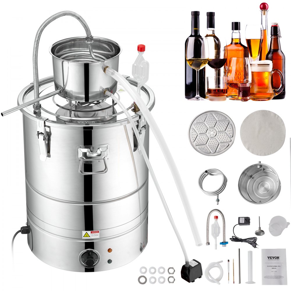VEVOR Alcohol Still, 15 Gal 50L Water Alcohol Distiller, Home Distillery Kit include Stainless Steel Tube & Pump & One-way Exhaust Valve & Thermometer (30-120℃ ) for DIY Whisky Wine Brandy, Silver - DLNTZLQYYS50LEHB5V4