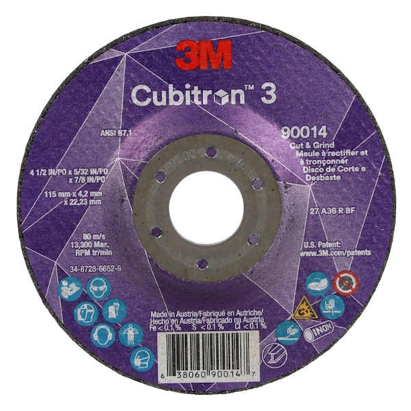 Rueda de corte y esmerilado 3M Cubitron 3, 90014, 36+, T27, 4-1/2 pulgadas x 5/32 pulgadas x 7/8 pulgadas (115 x 4.2 x 22.23 mm) ANSI, 10 piezas - 90014