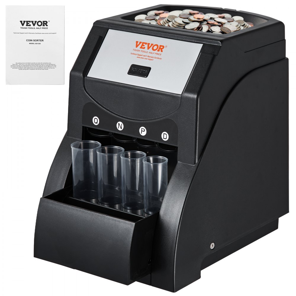VEVOR USD Coin Sorter, Coin Sorter Machine for USD Coin 1￠ 5￠ 10￠ 25￠, Sorts up to 230 Coins/min, Coin Sorter and Wrapper Machine Holds 200 Coins Included 4 Coin Tubes, Black - YBFJJHJSQ4350LBIRV1