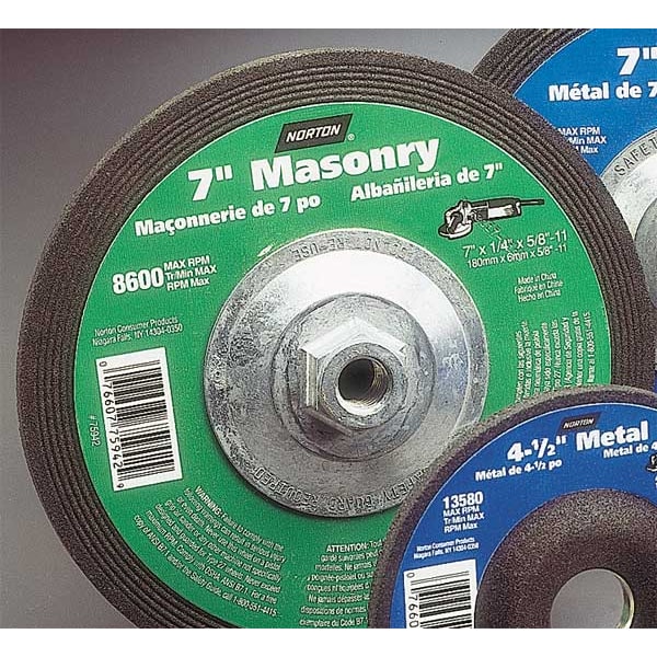 Ruedas de Centro Deprimido Norton Abrasives, Tipo 27, 7 pulgadas de diámetro, 0.25 pulgadas de grosor, tamaño de orificio de 5/8"-11 Arbor, Carburo de Silicio - 07660775942.