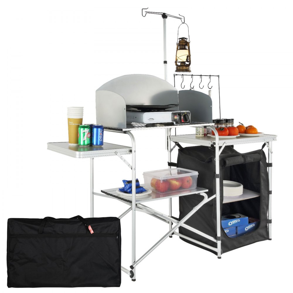 VEVOR Camping Kitchen Table, Folding Outdoor Cooking Table with Storage Carrying Bag, Aluminum Cook Station 1 Cupboard & Detachable Windscreen, Quick Set-up for Picnics, BBQ, RV Traveling, Black - DFBKYDCFHSBDGFR79V0