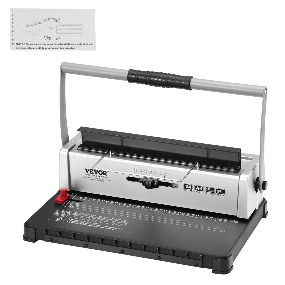 VEVOR Coil Spiral Binding Machine, Manual Book Maker 34-Holes Binding 120 Sheets, Punch Binder with Adjustable 3/16" - 9/16" Coil Binding Spines and Side Margin, for Letter Size, A4, A5 - ZDJ20XQSSD34J0H4EV0