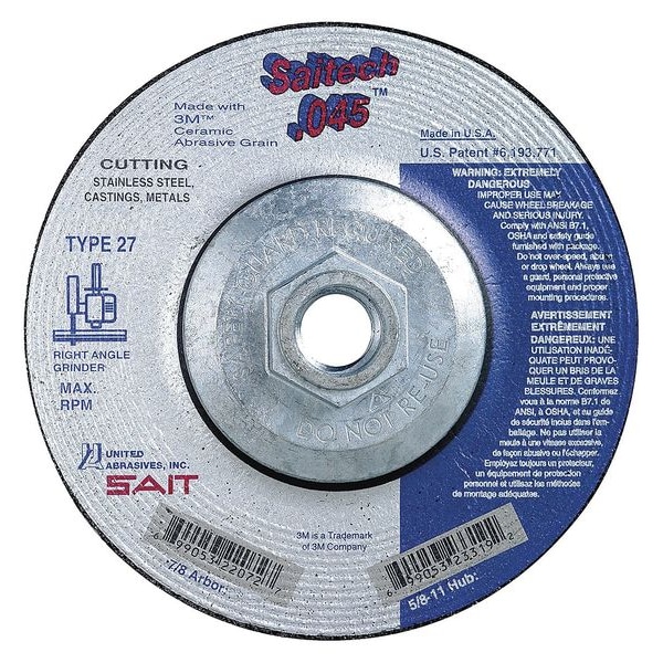 United Abrasives/Sait Rueda de corte de centro deprimido, Tipo 27, 5" de diámetro, .045" de espesor, tamaño de agujero de arbor de 5/8"-11, Cerámica - 23306