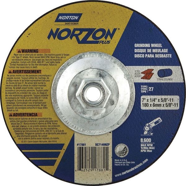 Ruedas de centro deprimido Norton Abrasives, Tipo 27, 7 pulgadas de diámetro, 0.25 pulgadas de grosor, tamaño de agujero de husillo de 5/8"-11, cerámica - 66252917881.