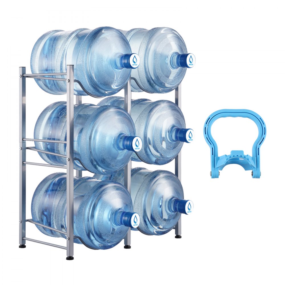 VEVOR 3 Tiers Water Jug Holder Double Row Water Bottle Rack for 6 Bottles Silver, Heavy Duty Water Dispenser Rack with 6 Slots for Gallon Jugs, Detachable Water Storage Shelf Organizer for Home Living Room Office - 5JLTZSSTSTZC08EPUV0