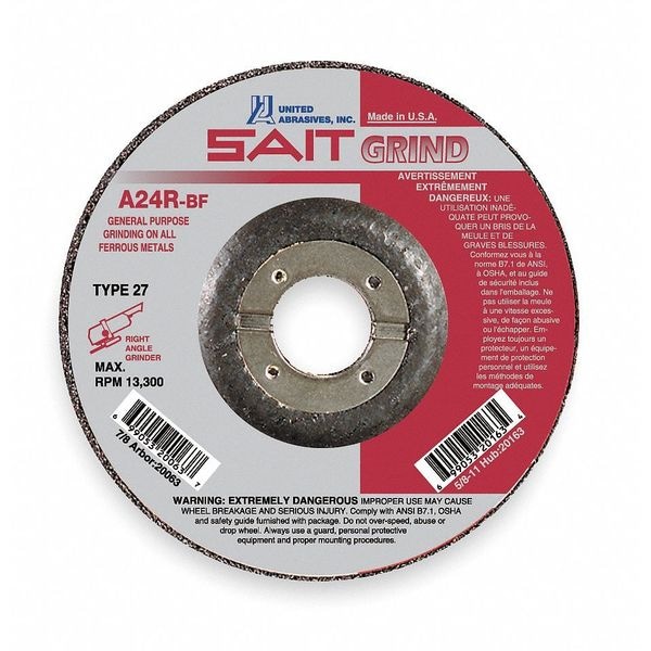 Rueda de esmerilado de centro deprimido United Abrasives/Sait, 27, 7" de diámetro, 1/4" de grosor, tamaño de agujero de 7/8" de alúmina - 20080
