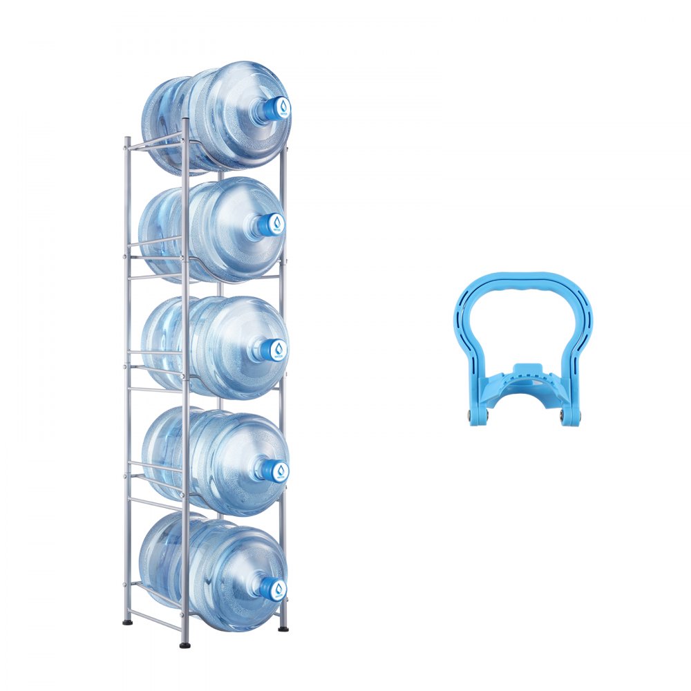 VEVOR 5 Tiers Water Jug Holder Single Row Water Bottle Rack for 5 Bottles Storage Detachable Heavy Duty Water Jug Organizer Stand for Home Office Kitchen Silver, Detachable Water Storage Shelf Organizer for Home Living Room Office - 5JLTZSSTSTZC0COMZV0