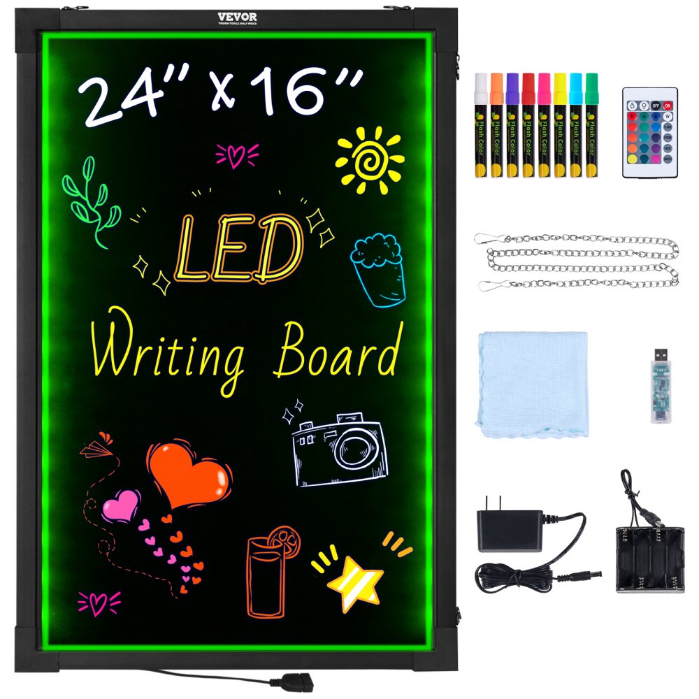 VEVOR LED Message Writing Board, 24"x16" Illuminated Erasable Lighted Chalkboard, Neon Effect Menu Sign Board, Drawing Board with 8 Fluorescent Chalk Markers and Remote Tested to UL Standards - LEDSXLYB16X2G2DYIV5