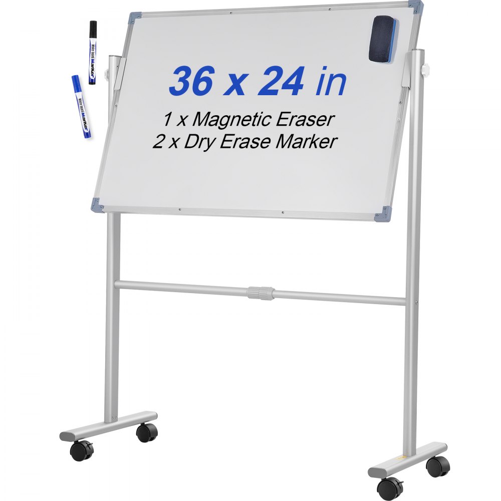 VEVOR Mobile Magnetic Whiteboard, 36 x 24 Inch, Double Sided, 360 Degree Reversible Rolling Dry Erase Board, Height Adjustable with Aluminum Frame and Lockable Swivel Wheels, for Office School Home - YDSMBBB3624INEY10V0