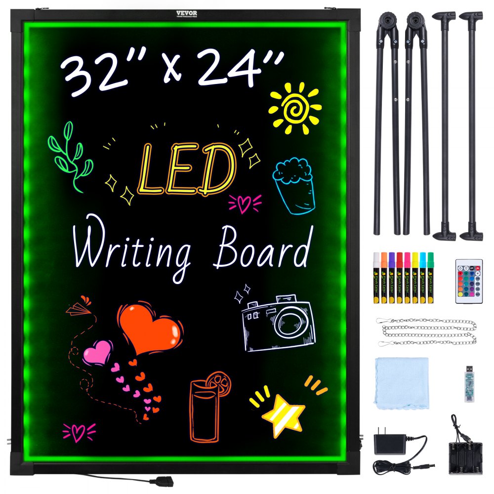 VEVOR LED Message Writing Board, 32"x24" Illuminated Erasable Lighted Chalkboard, Neon Effect Menu Sign Board, Drawing Board with 8 Fluorescent Chalk Markers and Remote Contro Tested toStandards - LEDSXLYB32X2D2GAPV5