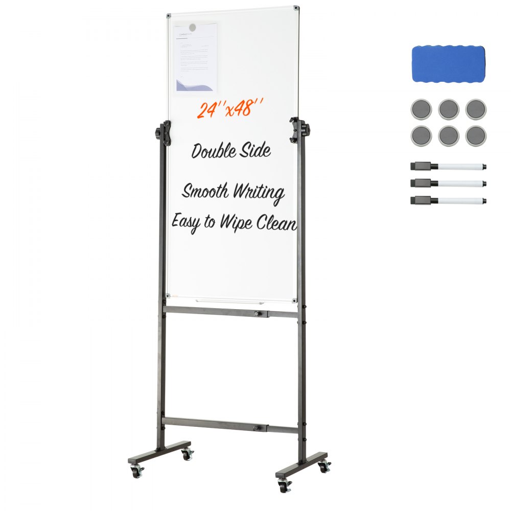 VEVOR Rolling Magnetic Whiteboard, Double-sided Mobile Whiteboard 24x48 Inches, Adjustable Height Dry Erase Board with Wheels, 1 Magnetic Erase & 3 Dry Erase Markers & Movable Tray for Office School - BBYCDL2448ABSEKQAV0