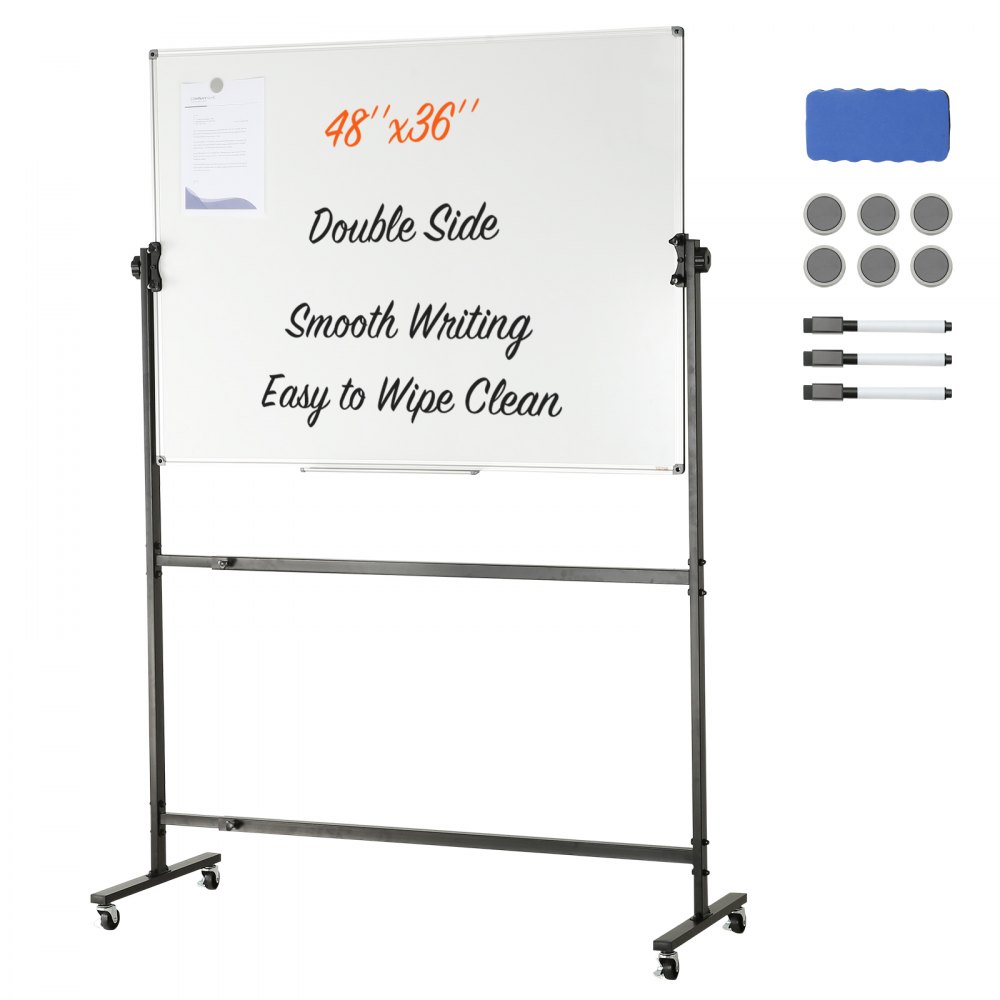 VEVOR Rolling Magnetic Whiteboard, Double-sided Mobile Whiteboard 48x36 Inches, Adjustable Height Dry Erase Board with Wheels, 1 Magnetic Erase & 3 Dry Erase Markers & Movable Tray for Office School - BBYCDL4836ABS42HOV0
