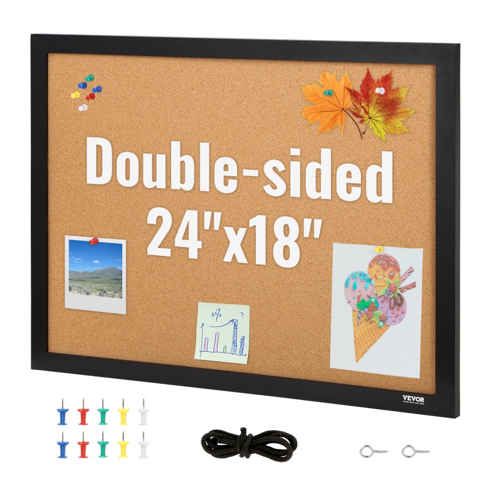 VEVOR Cork Board, 24 x 18 inches, Double-sided Bulletin Board with MDF Sticker Frame, Vision Board Includes 10 Pushpins, for Display and Decoration in Office Home and School - GSBYCXGFR2418A30IV0