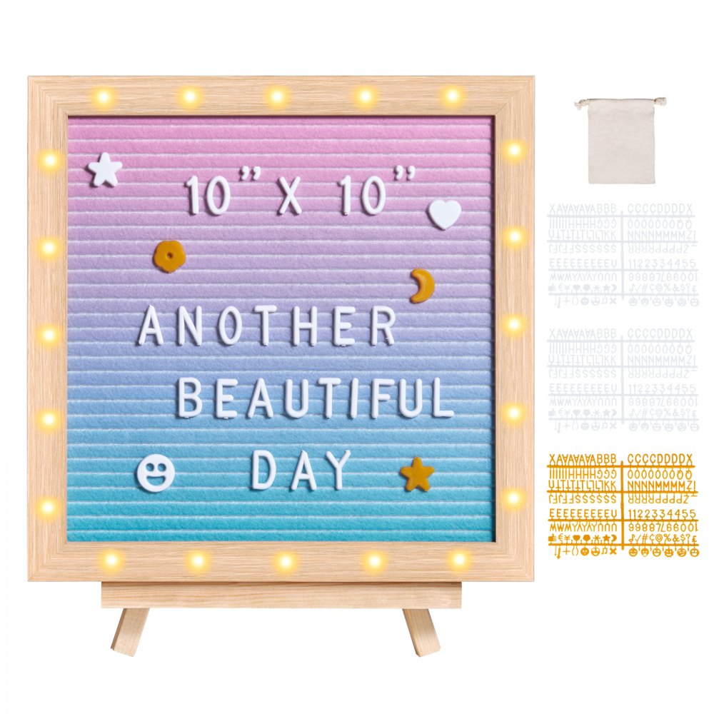 VEVOR Gradient Felt Letter Board, 10"x10" Felt Message Board, Changeable Sign Boards with 510 Letters, Stand, and Built-in LED Lights, Baby Announcement Sign for Home Classroom Office Decor Wedding - LEDMZLYB10X1DN9I9V9