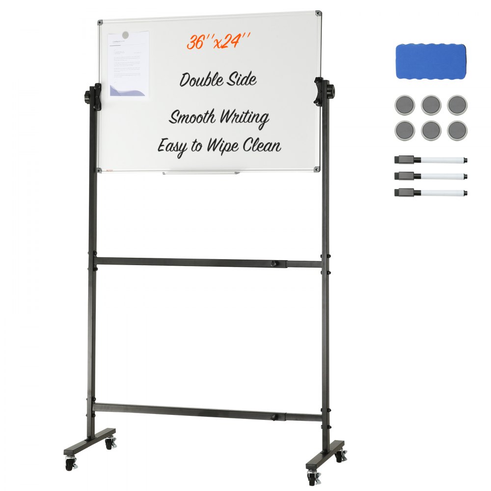 VEVOR Rolling Magnetic Whiteboard, Double-sided Mobile Whiteboard 36x24 Inches, Adjustable Height Dry Erase Board with Wheels, 1 Magnetic Erase & 3 Dry Erase Markers & Movable Tray Office, School - BBYCDL3624ABSW8OMV0
