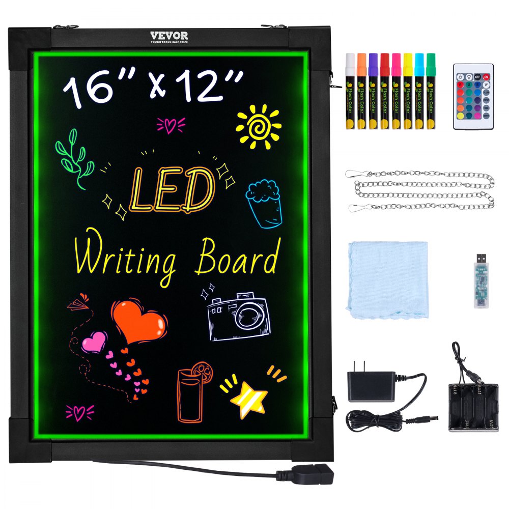 VEVOR LED Message Writing Board, 16"x12" Illuminated Erasable Lighted Chalkboard, Neon Effect Menu Sign Board, Drawing Board with 8 Fluorescent Chalk Markers and Remote Control, for Home Wedding Shop - LEDSXLYB12X1WY9O1V5