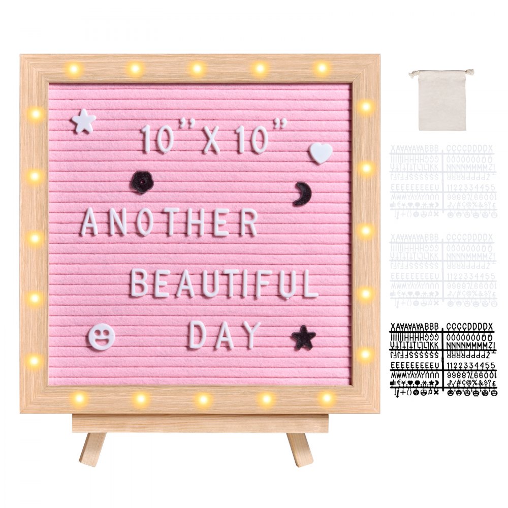 VEVOR Pink Felt Letter Board, 10"x10" Felt Message Board, Changeable Sign Boards with 510 Letters, Stand, and Built-in LED Lights, Baby Announcement Sign for Home Classroom Office Decor Wedding - LEDMZLYB10X1YMSNUV9
