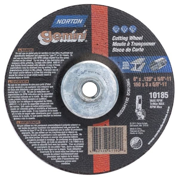 Ruedas de corte deprimido Norton Abrasives, Tipo 27, 6 pulgadas de diámetro, 0.125 pulgadas de espesor, tamaño de orificio de árbol de 5/8"-11, Óxido de aluminio - 66252841192