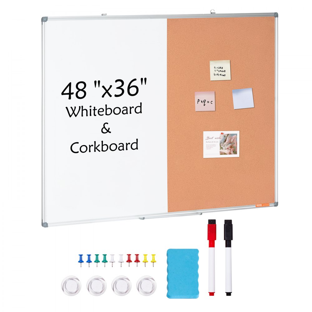 VEVOR 48"x 36" Whiteboard & Cork Board Combo with Aluminum Frame – 2-in-1 Magnetic Dry Erase Bulletin Board for Wall Mount – Ideal for School, Home, Office - RMB48X36BBRMT05ZSV0
