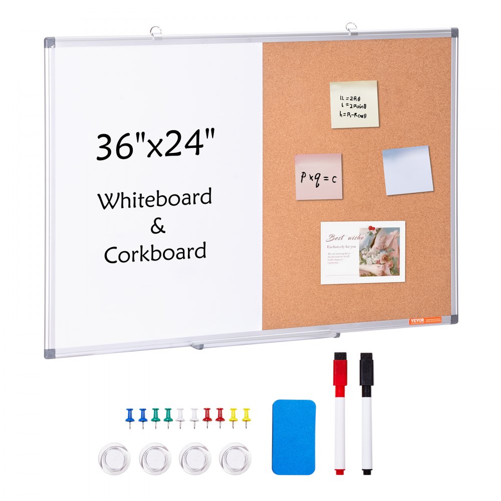 VEVOR 36"x 24" Whiteboard & Cork Board Combo with Aluminum Frame – 2-in-1 Magnetic Dry Erase Bulletin Board for Wall Mount – Ideal for School, Home, Office - RMB36X24BBRM12MTFV0