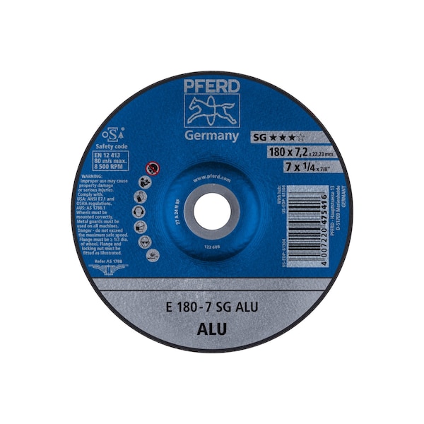 Rueda de esmerilado Pferd de 7" x 1/4, 7/8" A.H. - SG ALU - Tipo 27 - 61304