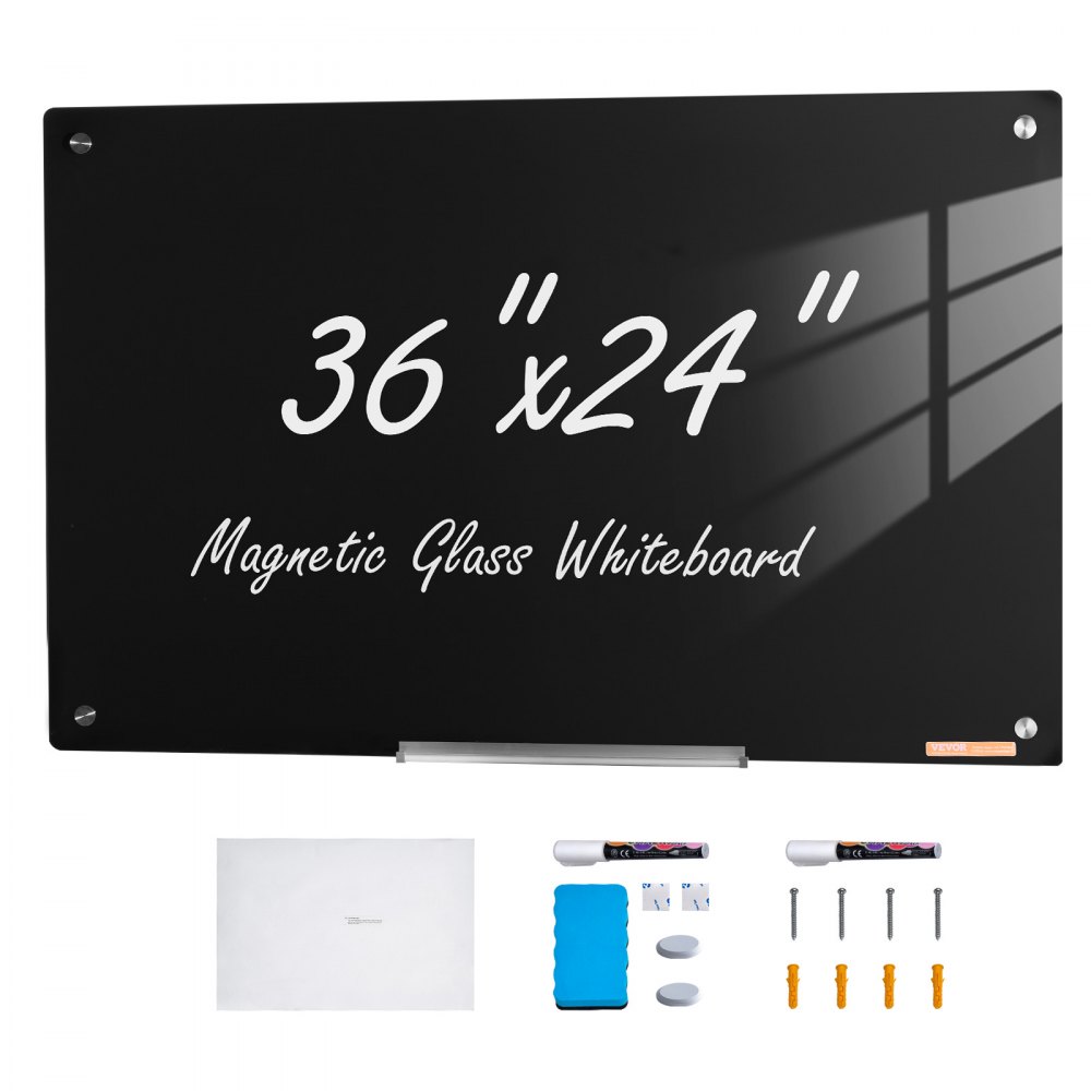 VEVOR Magnetic Glass Whiteboard, Dry Erase Board 36"x24", Wall-Mounted Large White Glassboard Frameless, with Marker Tray, an Eraser and 2 Markers, Black - CXGCBLBGHBL3VB8RKV0