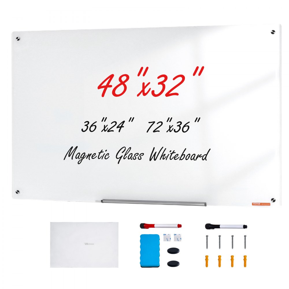 VEVOR Magnetic Glass Whiteboard, Dry Erase Board 48"x32", Wall-Mounted Large White Glassboard Frameless, with Marker Tray, an Eraser and 2 Markers, White - CXGCBLBGHBL4O9WH5V0