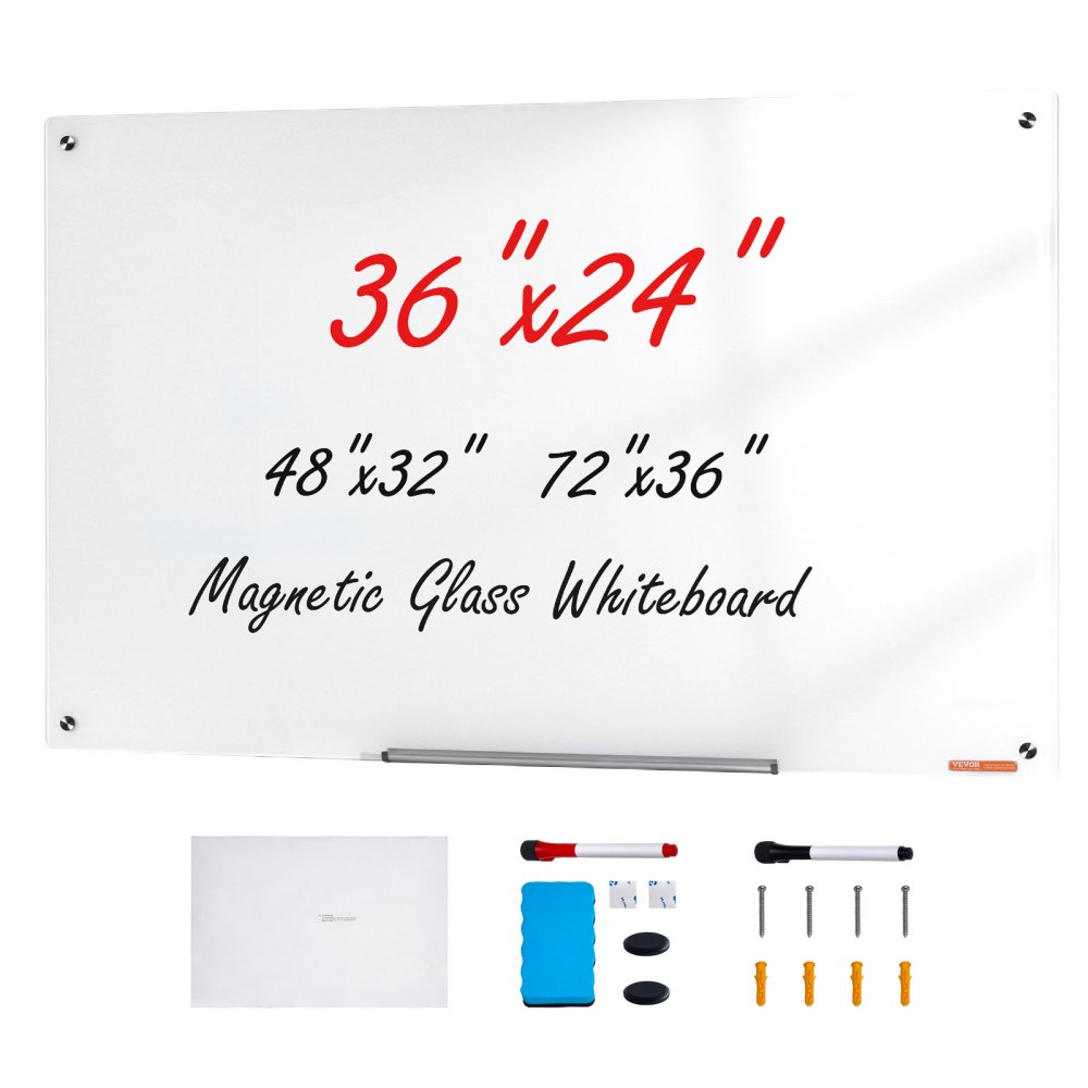 VEVOR Magnetic Glass Whiteboard, Dry Erase Board 36"x24", Wall-Mounted Large White Glassboard Frameless, with Marker Tray, an Eraser and 2 Markers, White - CXGCBLBGHBL3CGGHBV0