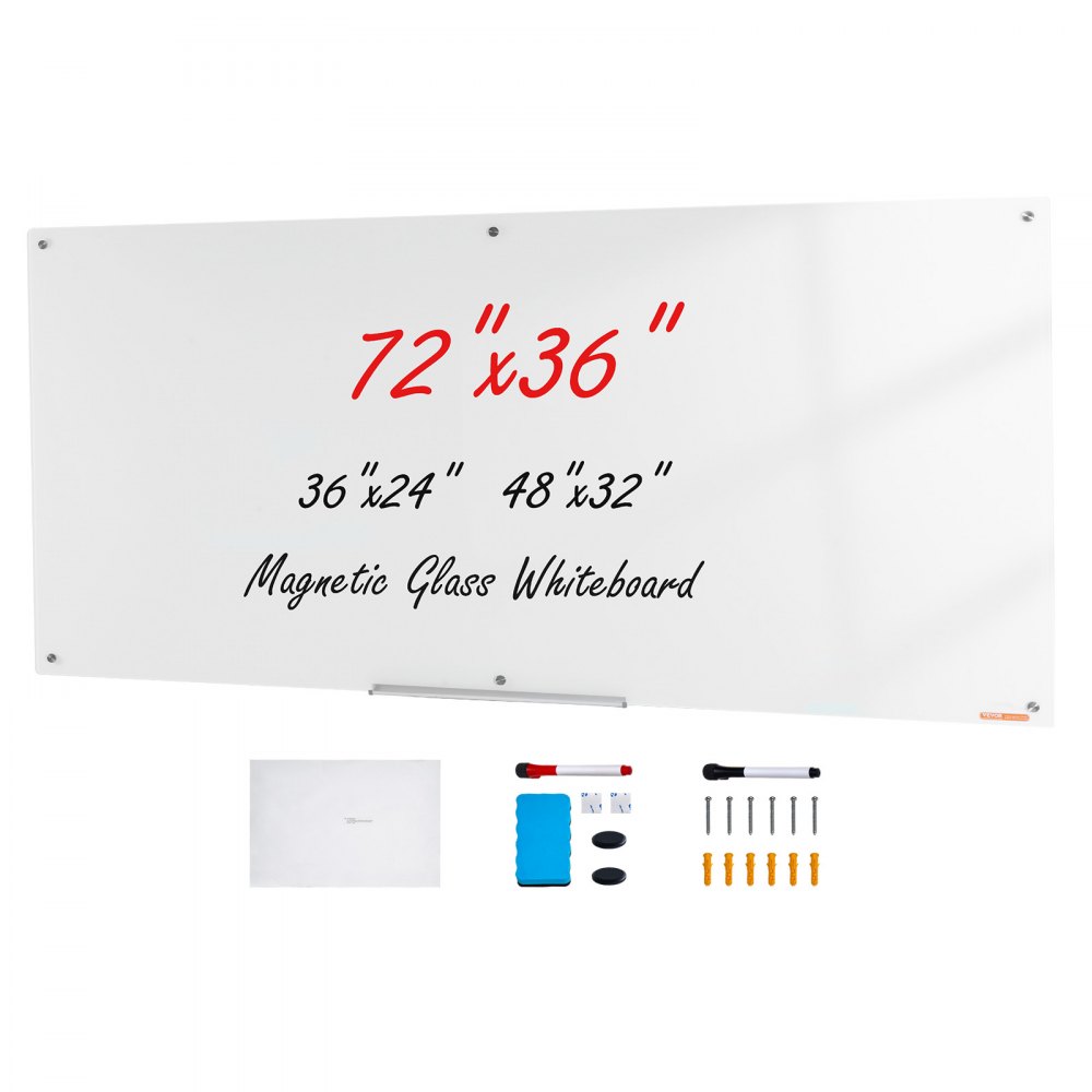 VEVOR Magnetic Glass Whiteboard, Dry Erase Board 72"x36", Wall-Mounted Large White Glassboard Frameless, with Marker Tray, an Eraser and 2 Markers, White - CXGCBLBGHBL7KFTA9V0