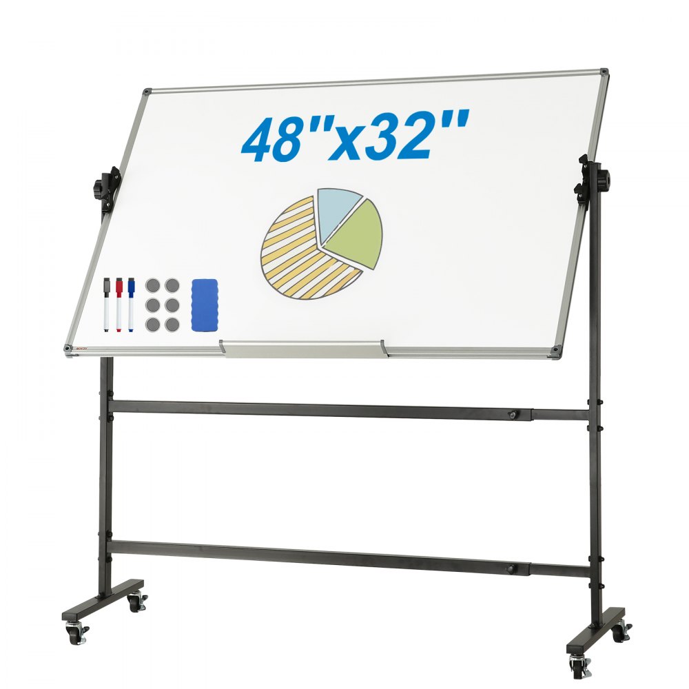 VEVOR Rolling Whiteboard, 48x32 inch Double-Sided Magnetic Mobile Whiteboard, 360° Reversible Adjustable Height Dry Erase Board with Wheels & Movable Tray for Office School - BB4832YCDLYDVRU6FV0