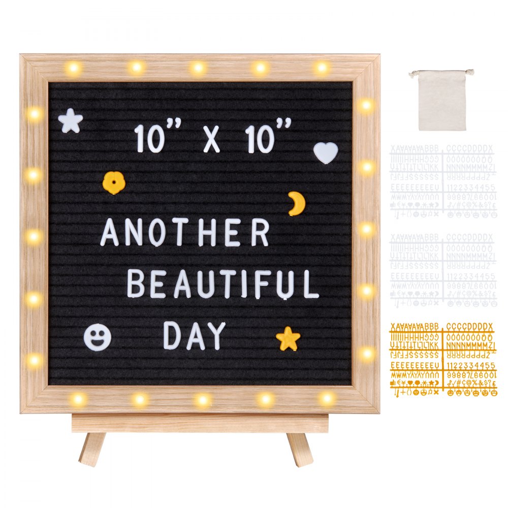 VEVOR Black Felt Letter Board, 10"x10" Felt Message Board, Changeable Sign Boards with 510 Letters, Stand, and Built-in LED Lights, Baby Announcement Sign for Home Classroom Office Decor Wedding - LEDMZLYB10X1S7M9NV9