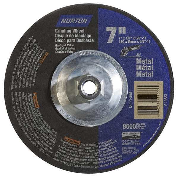 Ruedas de centro deprimido de abrasivos Norton, Tipo 27, 7 pulgadas de diámetro, 0.25 pulgadas de grosor, tamaño de orificio de árbol de 5/8"-11, Óxido de aluminio - 66252912633.