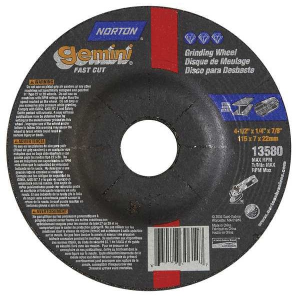 Ruedas de Centro Deprimido Norton Abrasives, Tipo 27, 4 1/2 pulgadas de diámetro, 0.25 pulgadas de grosor, tamaño de agujero de husillo de 7/8 pulgadas - 66252843584