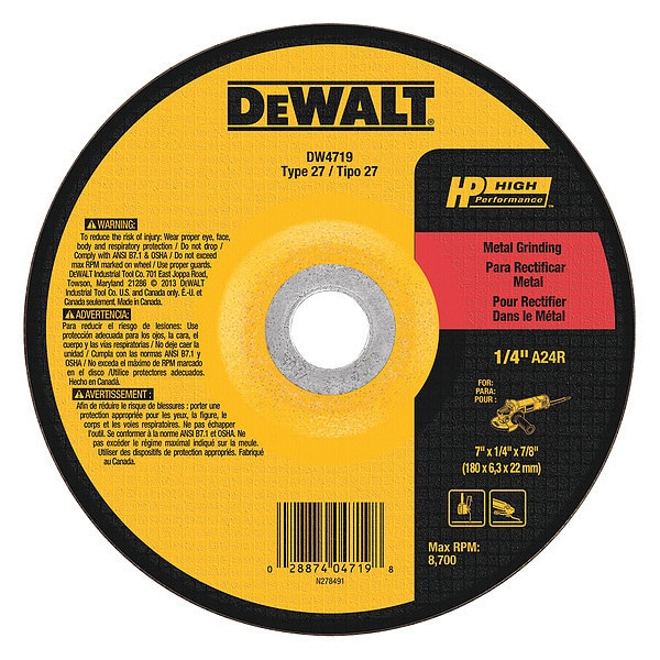 Rueda de esmerilado de metal de alto rendimiento Dewalt de 7" x 1/4" x 7/8" - DW4719