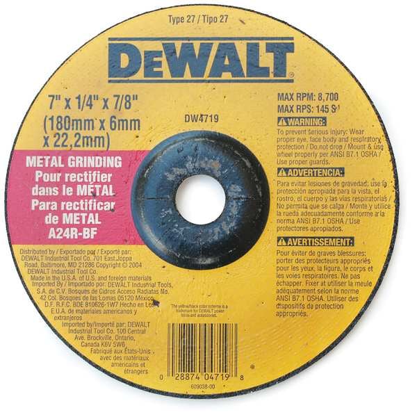 Rueda de esmerilado de metal de alto rendimiento Dewalt de 7" x 1/4" x 7/8" - DW4719