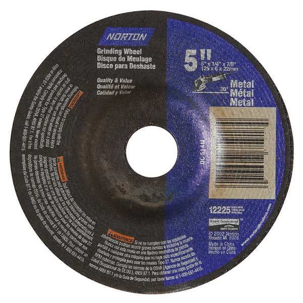 Ruedas cónicas Norton Abrasives, Tipo 27, 5 pulgadas de diámetro, 0.25 pulgadas de grosor, tamaño de orificio de eje de 7/8 pulgadas, Óxido de aluminio - 66252843614
